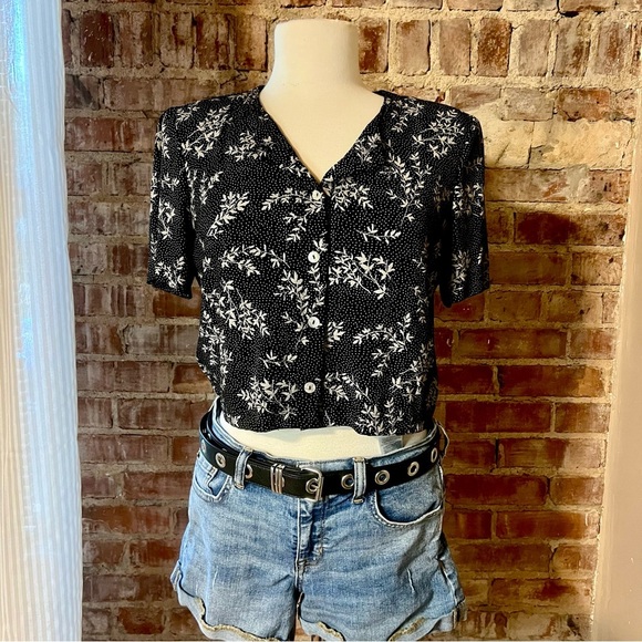 Vintage Polka Dot Black and White Women's Crop Top w/ Leaf Pattern -Size M -TP56 - Picture 5 of 7